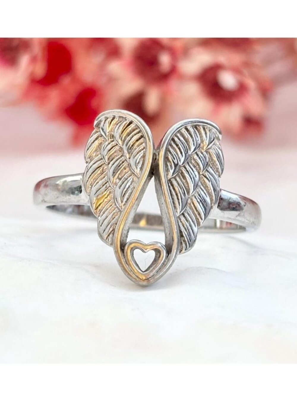 Angel Winged Heart Accented Polished Sterling Silver 925 Vintage Ring - sz 8